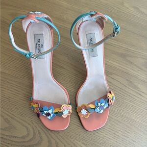 Valentino Coral and Turquoise Floral Leather Ankle-Strap Heels